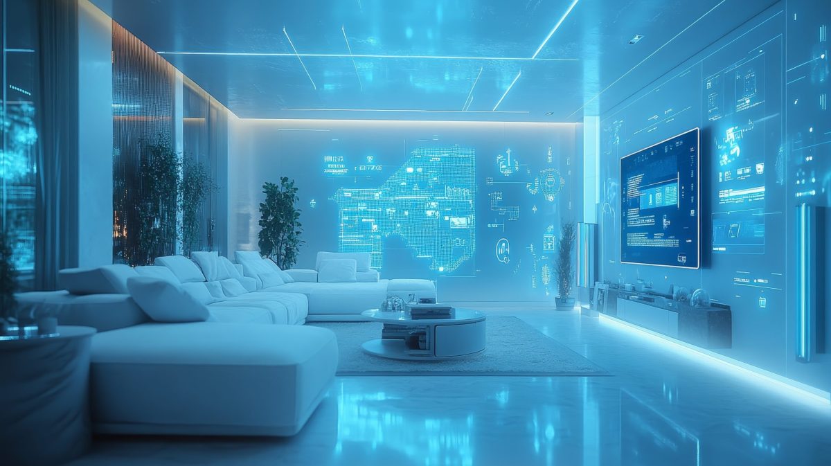 A smart home living room wi fi smart sockets seamlessly blending into white walls controlling tech devices holographic ui overlay soft futuristic glow white cleerline connectivity