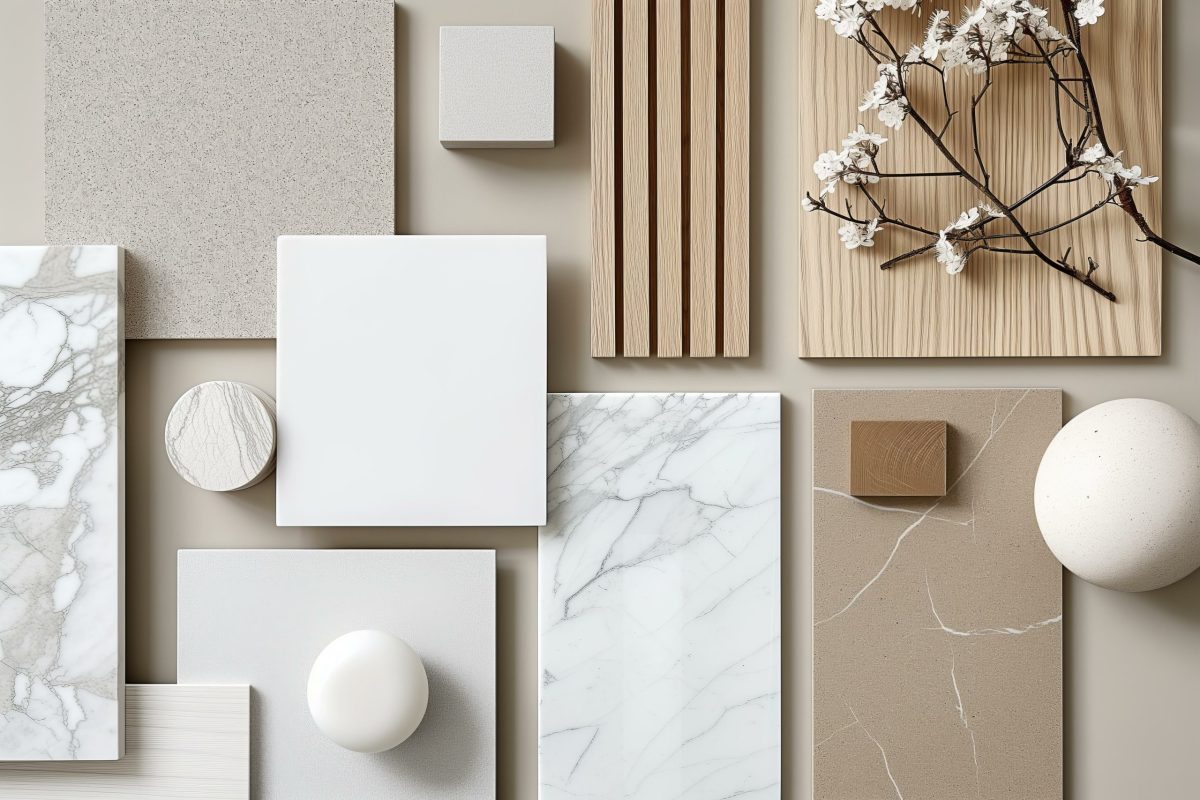 Interior design material sample moodboard with luxury surfaces like marble and wood