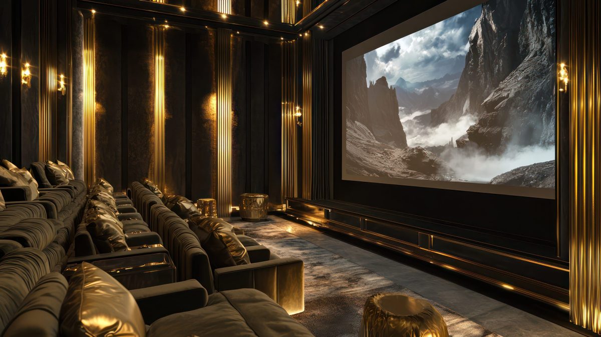 A plush home cinema with velvet tiered seating gold accents and a large projection screen ambient lighting and soundproof walls enhance the movie watching experience