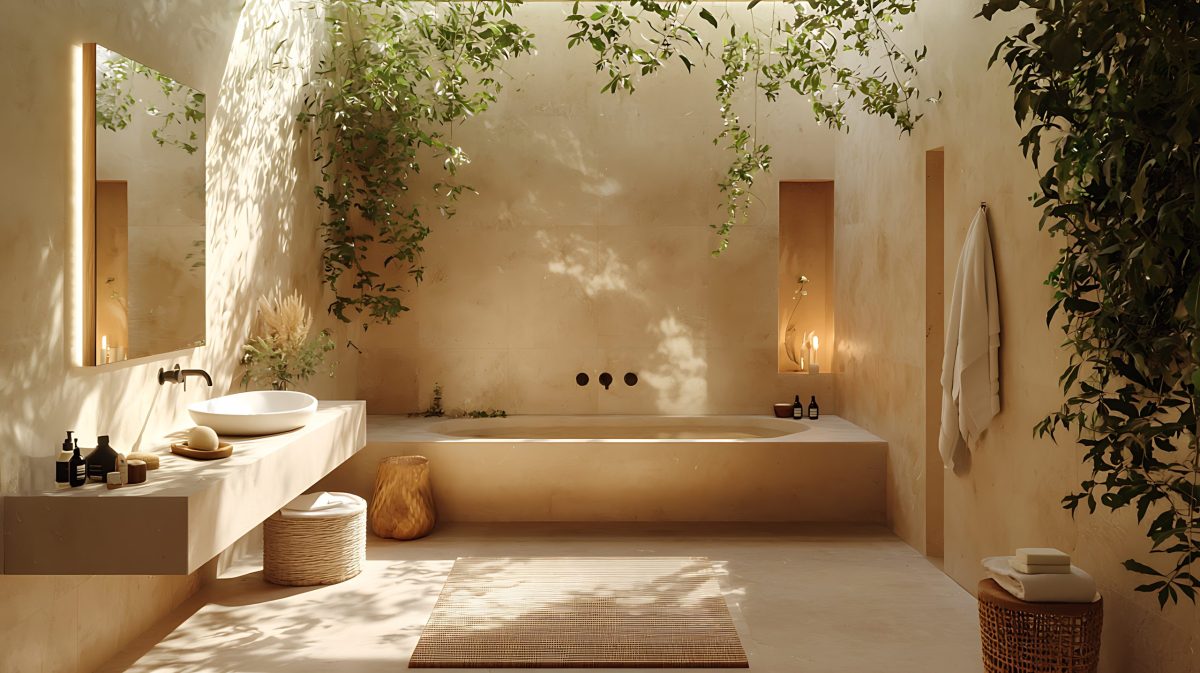 Warm neutral bathroom with soft lighting, indoor plants, and a large soaking tub creating a serene spa atmosphere.