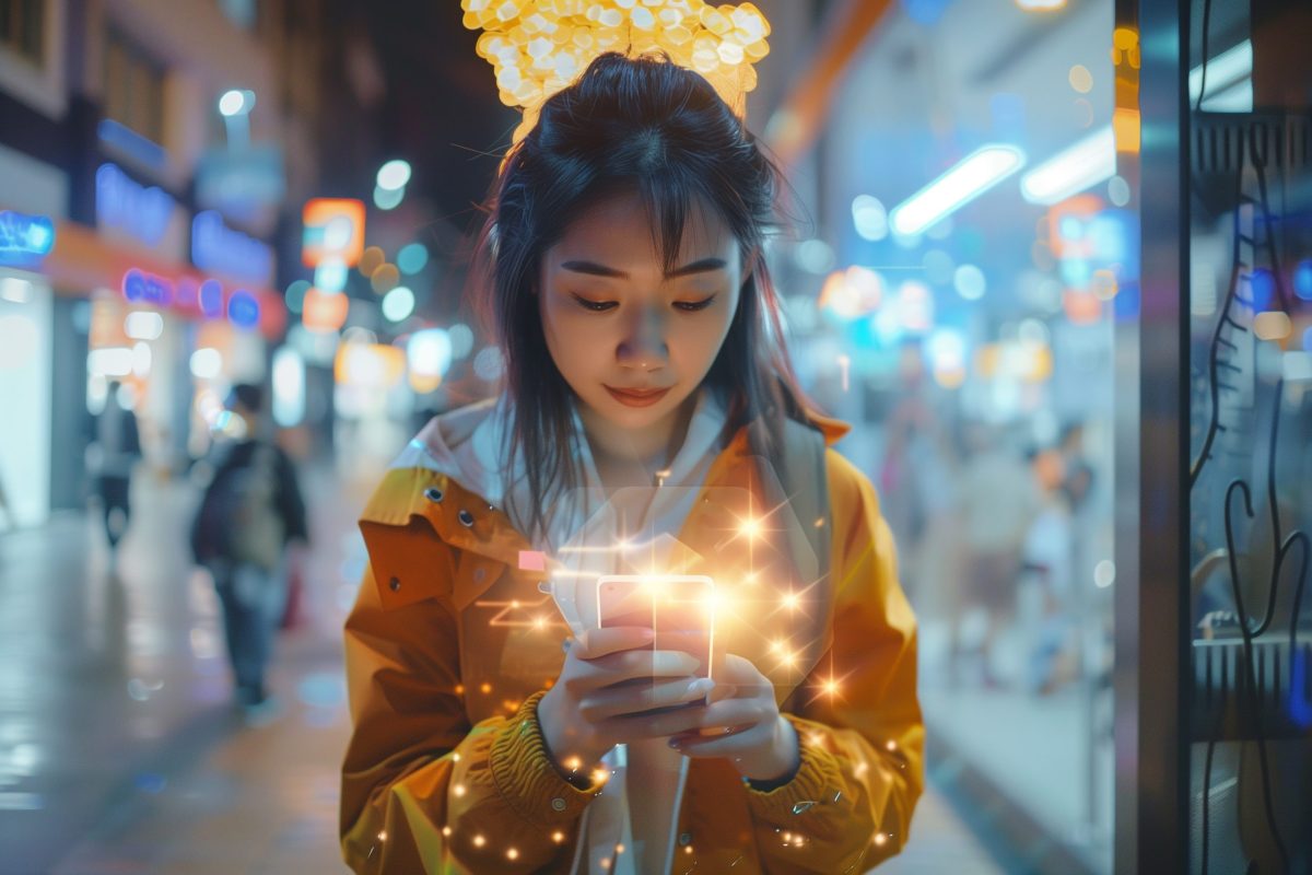 Internet of things technology iot e commerce digital marketing concept Woman using mobile smart phone with ar augmented reality adapting as ai changes the game