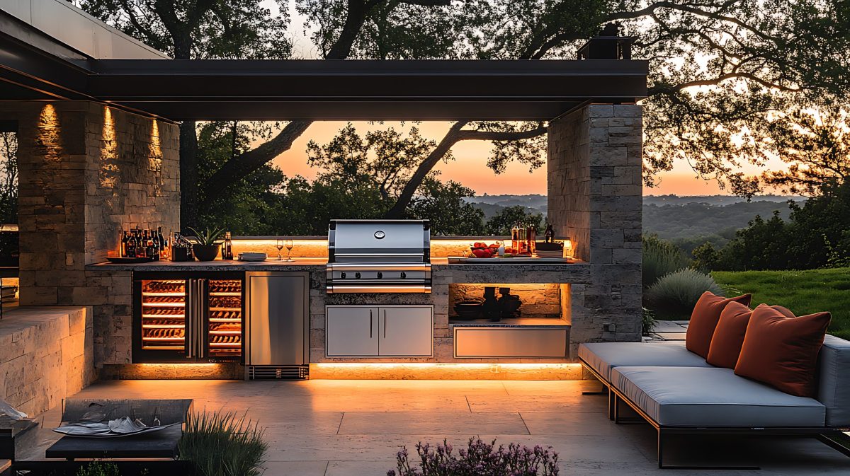 A luxury outdoor kitchen featuring a stainless steel grill a large refrigerator and polished stone counters with sleek modern seating and soft ambient lighting under a pergola explore the future of smart home design