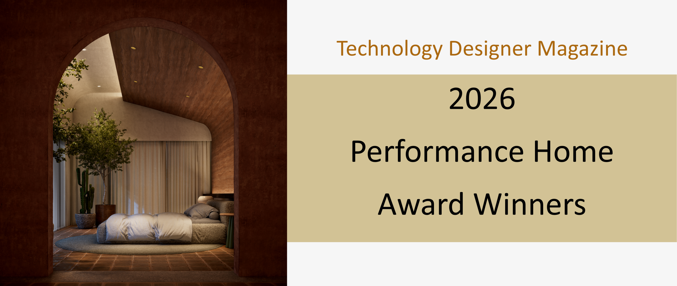 Two glass awards labeled Best Product 2026 and Best Design 2026 are displayed beside text reading Enter the 2026 Performance Smart Home Awards with a Learn More button below.