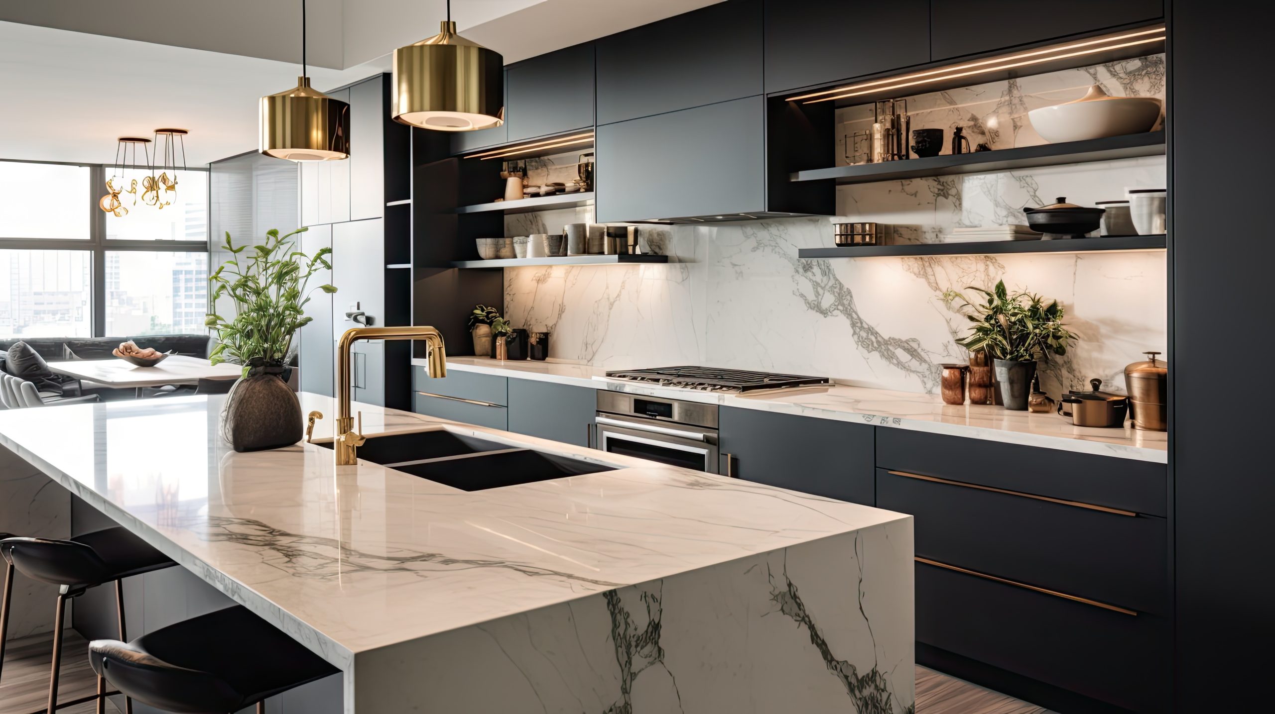 A contemporary chic kitchen in chicago featuring stylish black and white cabinets golden fixtures and marble tiles Lasvu   stock Adobe Com