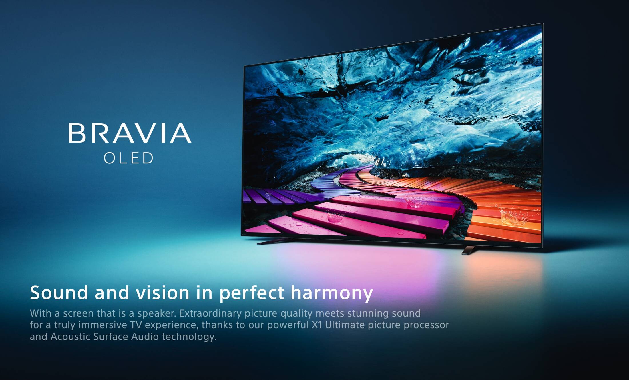 A BRAVIA OLED TV displays a colorful, winding walkway over water, perfectly complementing luxury interior design elements like Venetian plaster finishes, with text highlighting its superior picture and Acoustic Surface Audio technology.