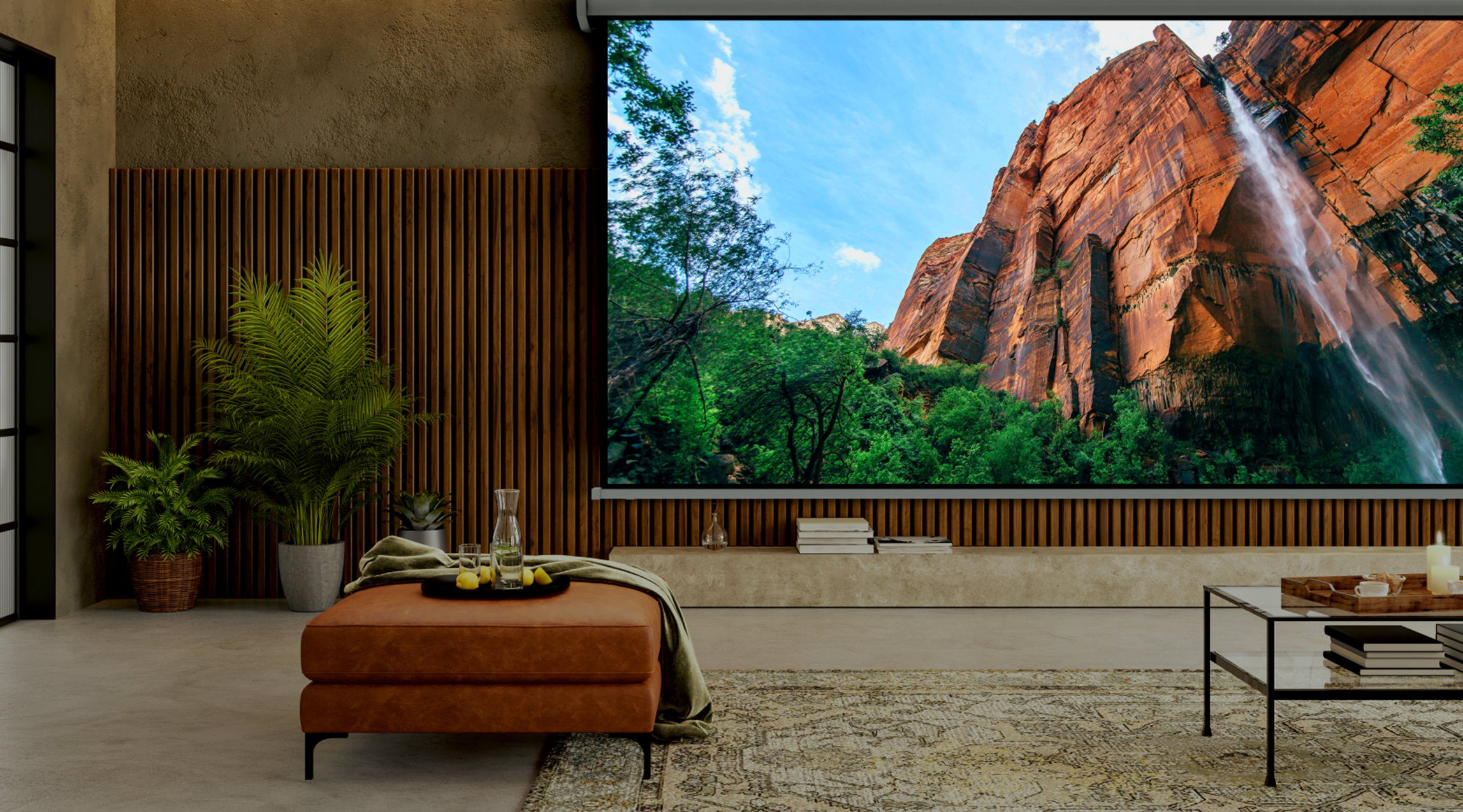 A modern living room with a large projector screen showing a scenic red rock canyon brown ottoman with drinks and fruit green plant wood panel wall accents and plenty of space for bright ideas to flourish