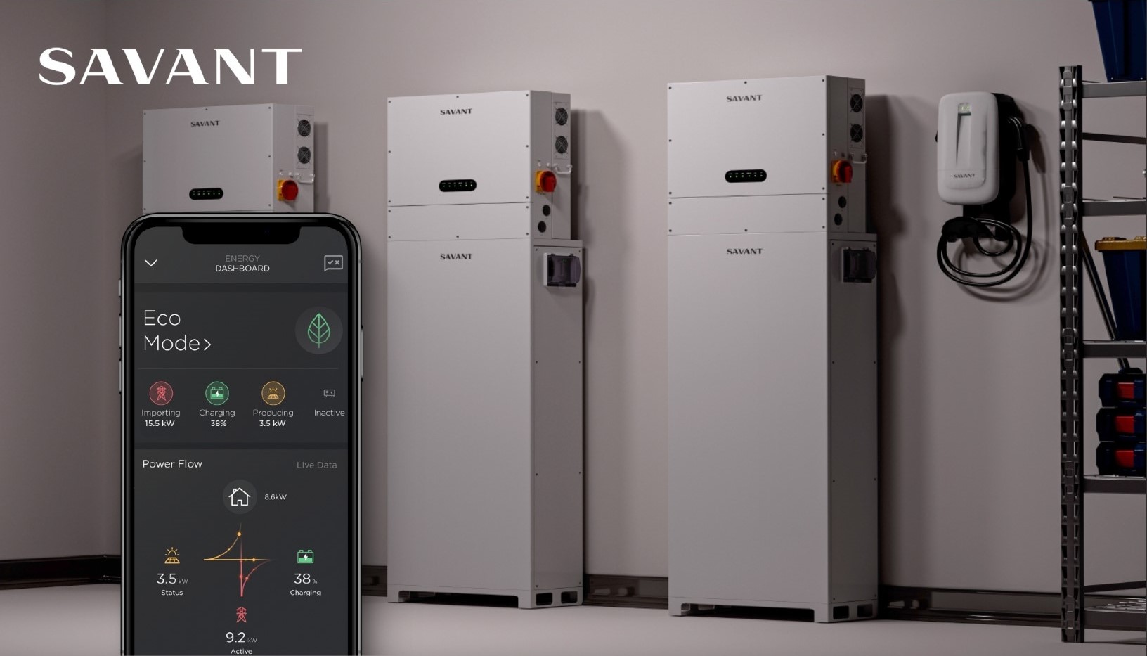 A smartphone displays an energy dashboard for eco mode in a modern smart home in front of two tall white battery storage units and a wall mounted electric vehicle charger The word savant appears in the top left corner