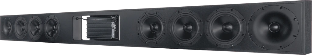 A long black speaker bar featuring multiple speaker cones and an exposed amplifier component The speaker bar has a modern technical design with eight circular speaker drivers of varying sizes