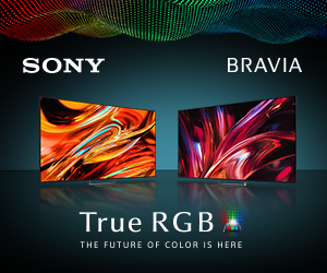 Sony Bravia ad with two vibrant TVs on a dark background and the slogan 'True RGB — The future of color is here'.