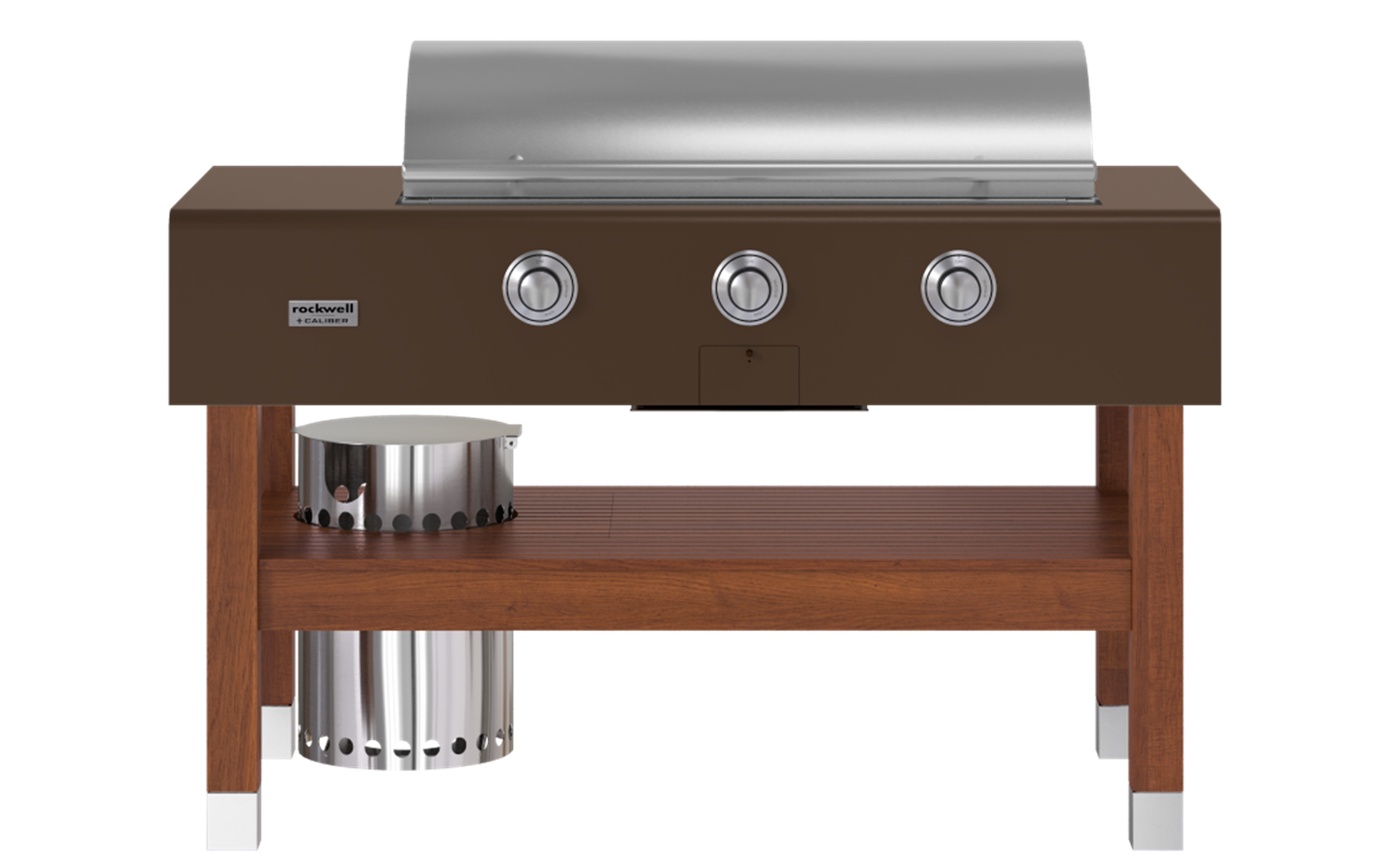 A modern outdoor grill with a brown and silver metal body three control knobs a closed lid and a wooden frame with a lower shelf A cylindrical metal container is placed on the left side below
