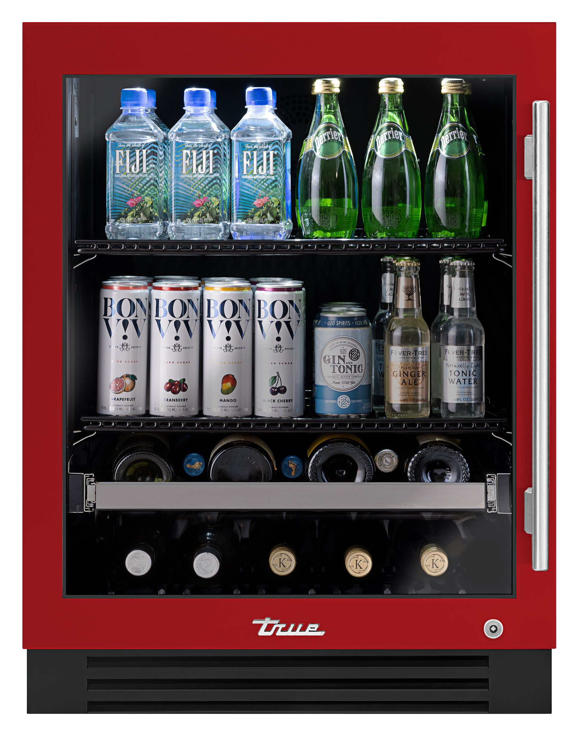 A small red mini fridge with glass door stocked with bottled water sparkling water canned drinks tonic and several bottles of wine stored horizontally on the bottom shelf
