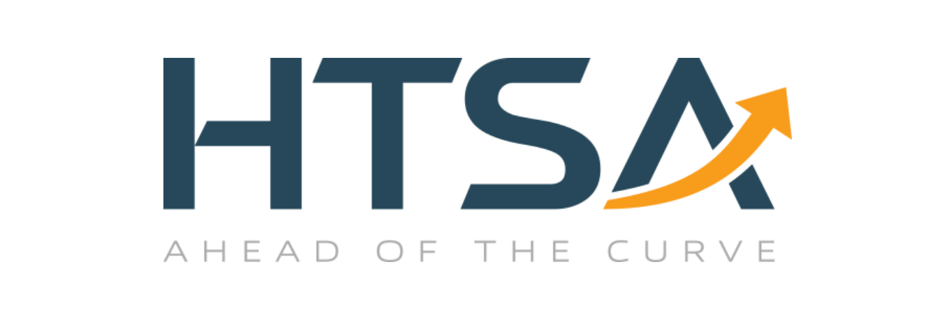 Logo with large letters HTSA in dark blue; the A features a yellow upward arrow as the crossbar. Below, gray text reads, AHEAD OF THE CURVE—reflecting Performance Home innovation and excellence.