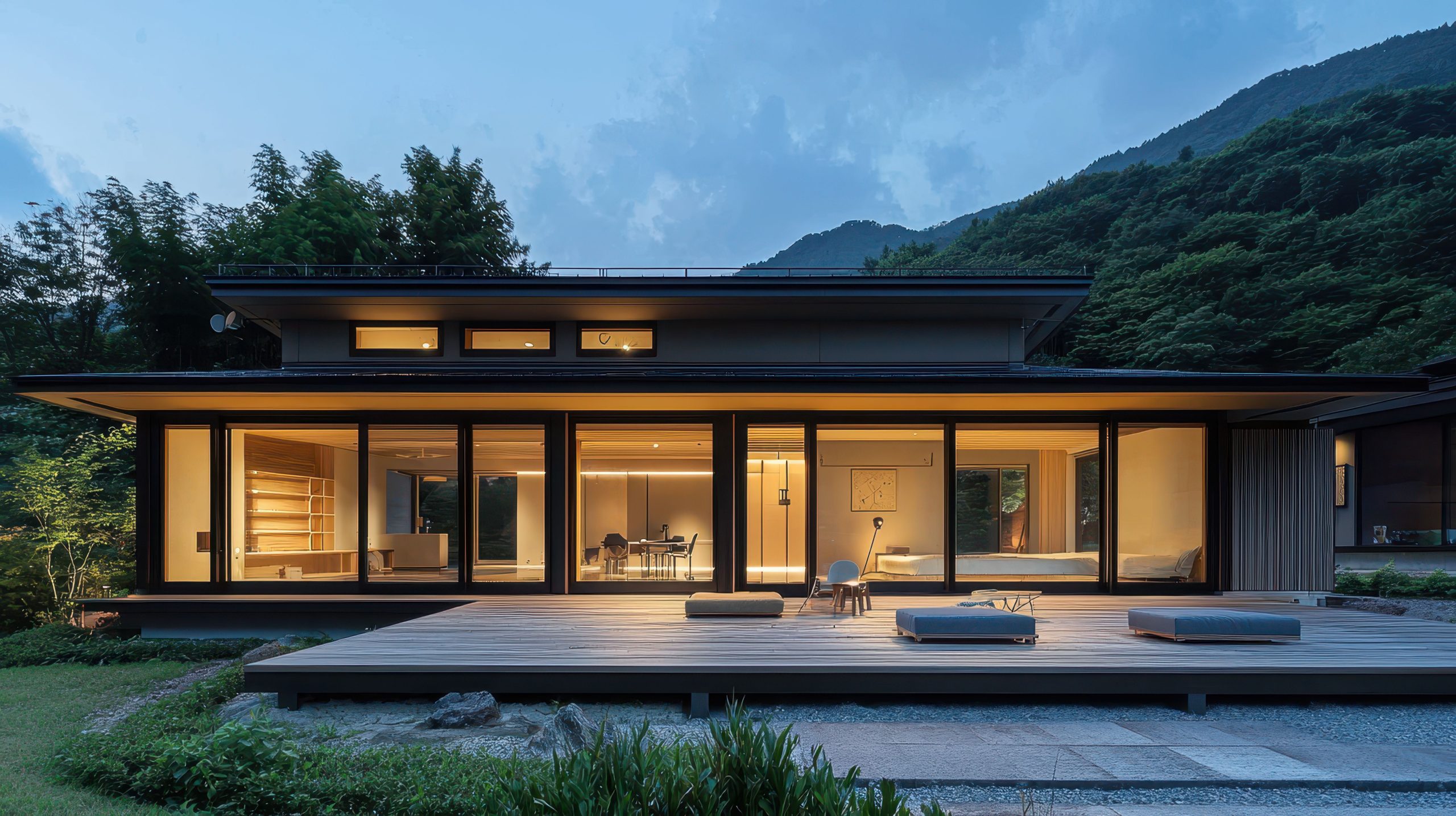 A modern house in japan with large glass windows glows warmly at dusk surrounded by lush greenery and mountains A spacious wooden deck with cushions highlights seamless integration of indoor and outdoor living in this smart home retreat
