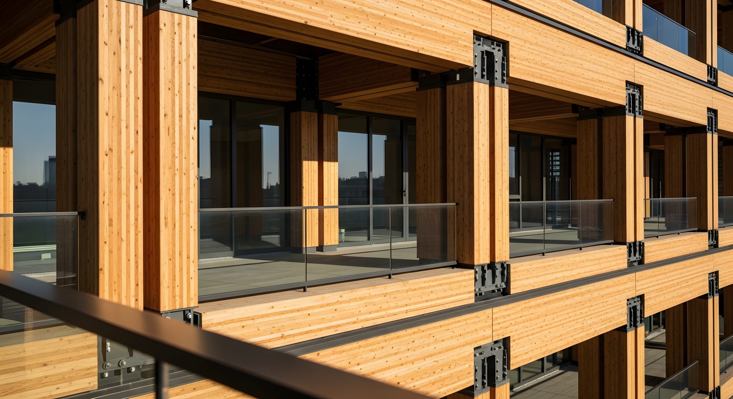 Modern building facade featuring large wooden beams metal joints and glass balcony railings Rectangular openings and natural wood textures reflect 2026 trends with sunlight casting dynamic shadows across the exterior