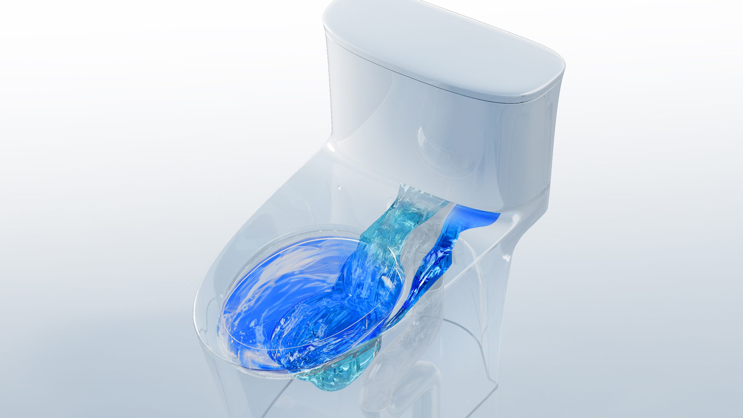 A modern white toilet with a transparent bowl showing blue water swirling inside as it flushes demonstrating the flow and cleaning action A modern white toilet with a transparent bowl showing blue water swirling inside as it flushes demonstrating the flow and cleaning action Reimagining the modern bathroom space