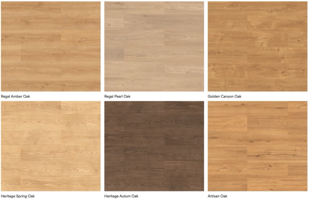 Six square samples of oak flooring from the verlune arbor collection by matter surfaces regal amber oak regal pearl oak golden canyon oak heritage spring oak heritage autumn oak darker brown and artisan oak each labeled below the sample Six square samples of oak flooring from the verlune arbor collection by matter surfaces regal amber oak regal pearl oak golden canyon oak heritage spring oak heritage autumn oak darker brown and artisan oak each labeled below the sample Matter surfaces introduces the verlune™ arbor collection