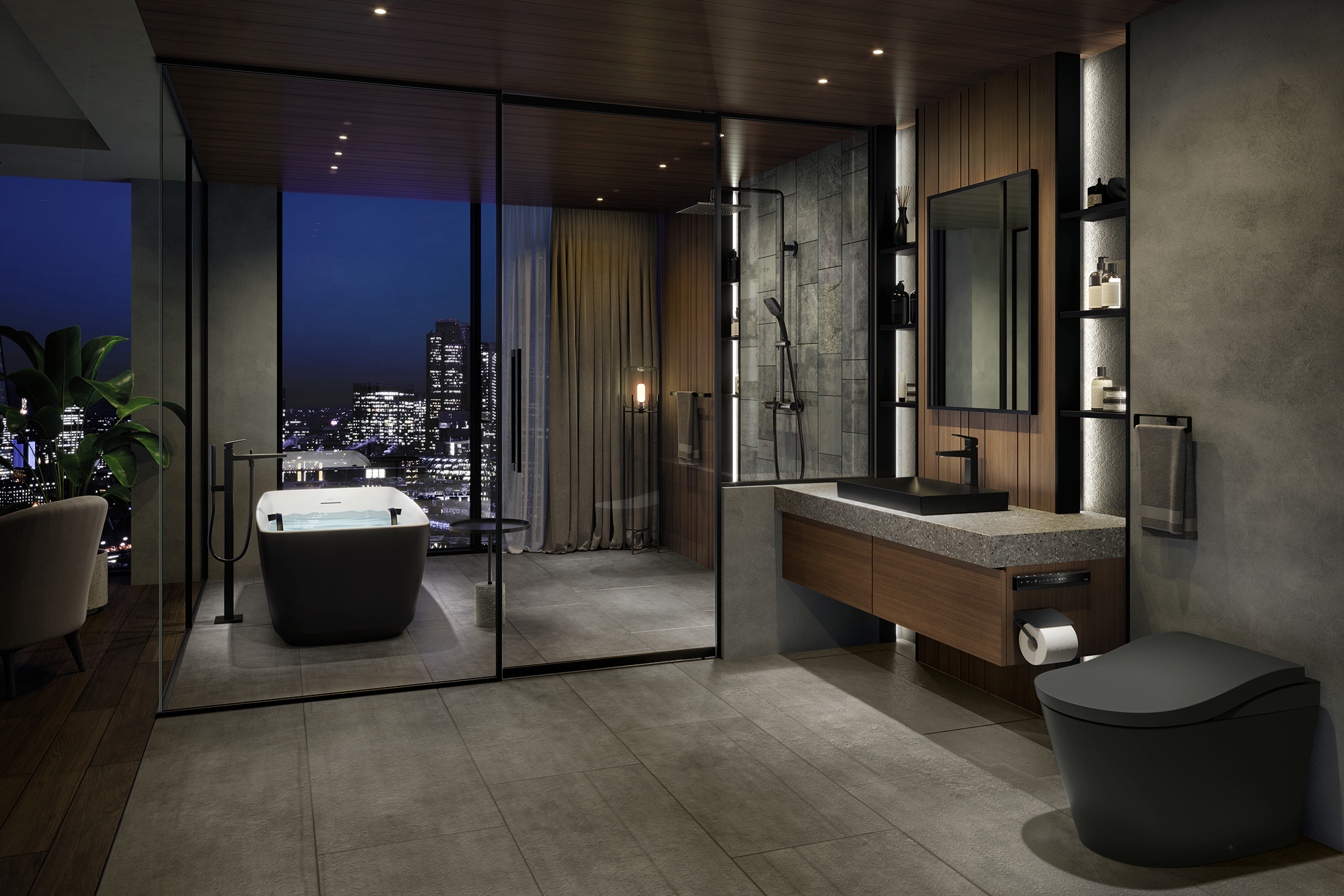 Modern bathroom at night with a freestanding bathtub by a glass wall overlooking a city skyline sleek black fixtures a large vanity with a mirror and contemporary lighting Modern bathroom at night with a freestanding bathtub by a glass wall overlooking a city skyline sleek black fixtures a large vanity with a mirror and contemporary lighting Reimagining the modern bathroom space