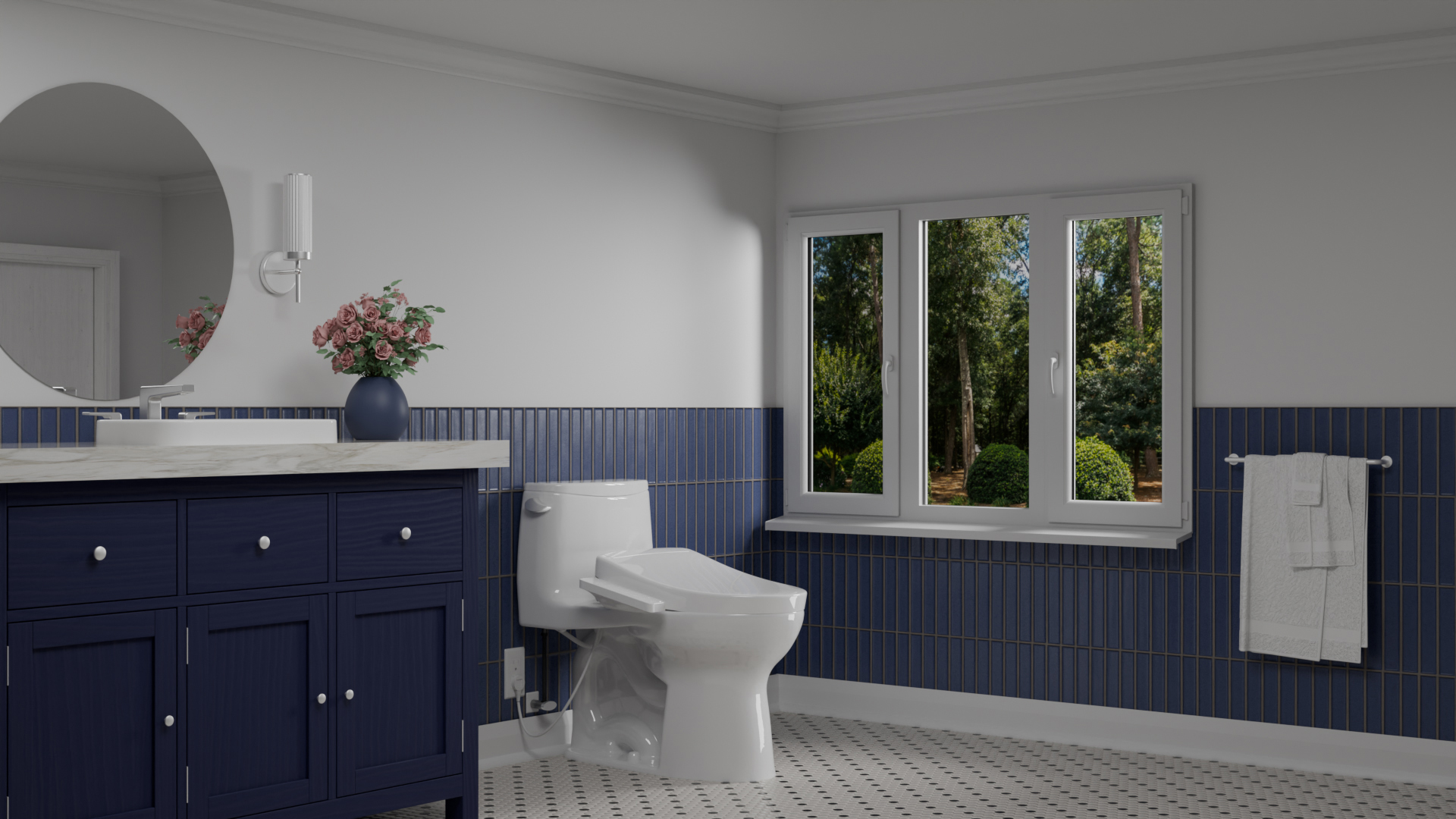A modern bathroom with blue tile walls a white toilet a navy blue vanity with a marble countertop a round mirror flowers in a vase and a window showing a green garden outside A modern bathroom with blue tile walls a white toilet a navy blue vanity with a marble countertop a round mirror flowers in a vase and a window showing a green garden outside Reimagining the modern bathroom space