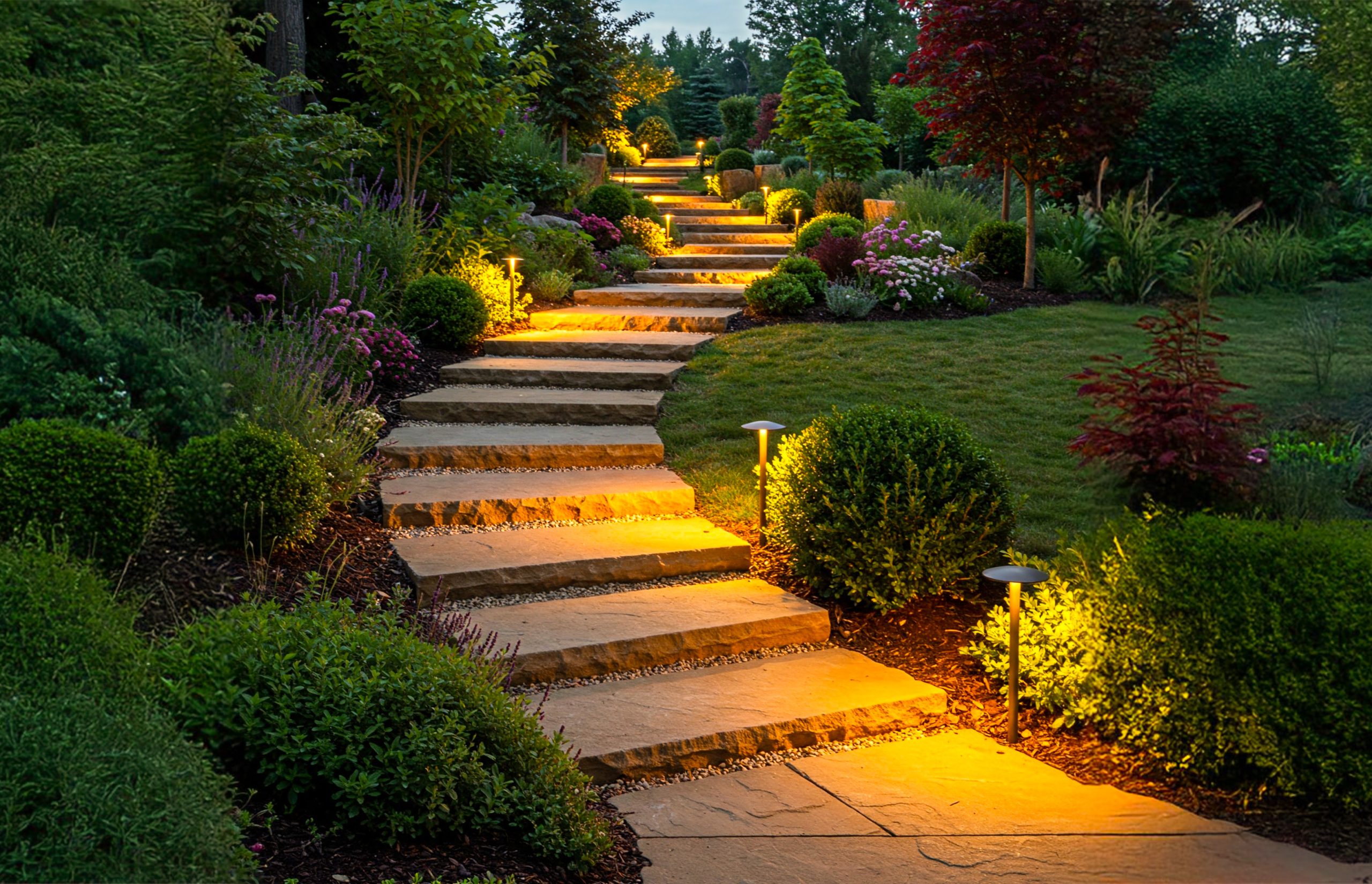 Stone steps lead up through a landscaped garden at dusk illuminated by luxury yellow pathway lights Lush green bushes colorful flowers and manicured grass border the path beneath the tranquil night sky creating a serene and inviting scene Stone steps lead up through a landscaped garden at dusk illuminated by luxury yellow pathway lights Lush green bushes colorful flowers and manicured grass border the path beneath the tranquil night sky creating a serene and inviting scene Luxurys new ceiling the night sky