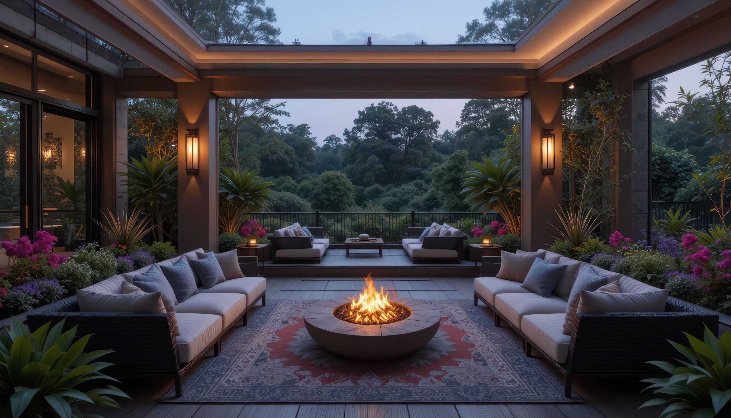A modern outdoor patio at dusk features a central fire pit luxury cushioned sofas potted plants and an open roof with a stunning view of lush green trees beneath the night sky A modern outdoor patio at dusk features a central fire pit luxury cushioned sofas potted plants and an open roof with a stunning view of lush green trees beneath the night sky Luxurys new ceiling the night sky