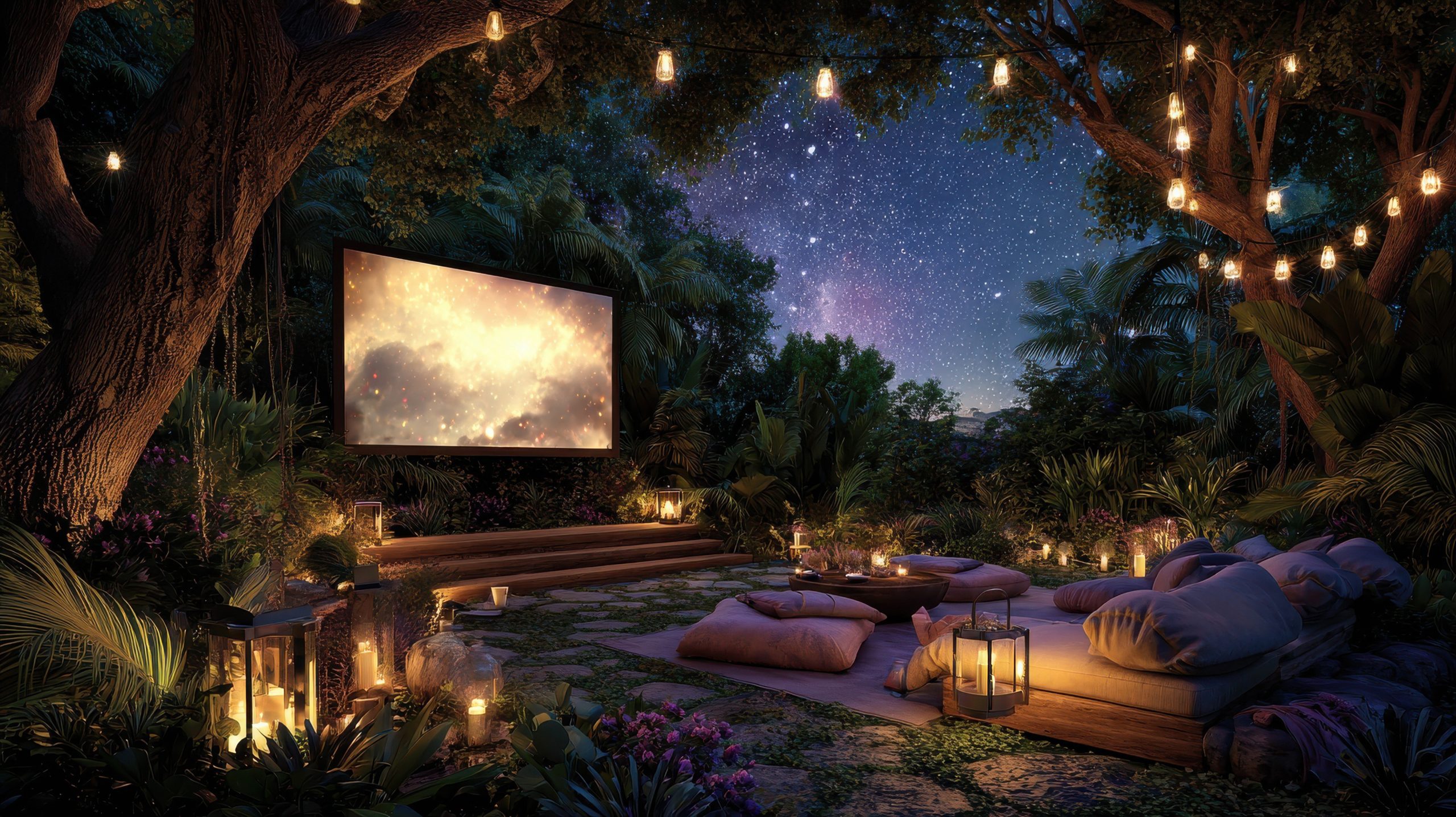 An outdoor movie setup at night features a large screen under trees glowing string lights lanterns cozy floor cushions and lush greenery with the luxury of a starry night sky as the natural ceiling overhead An outdoor movie setup at night features a large screen under trees glowing string lights lanterns cozy floor cushions and lush greenery with the luxury of a starry night sky as the natural ceiling overhead Luxurys new ceiling the night sky