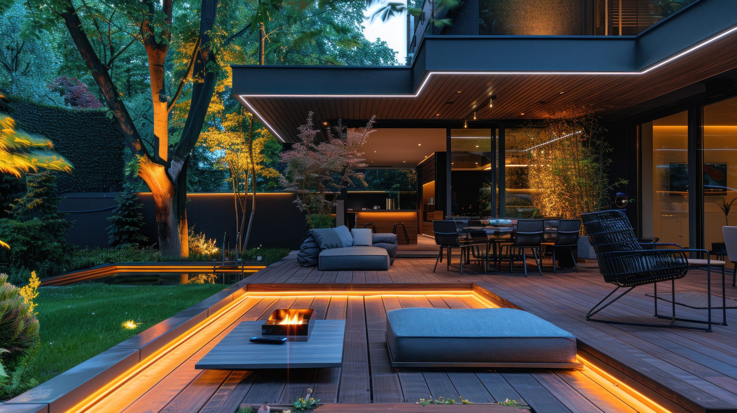 A modern backyard patio at dusk features wooden decking glowing recessed lighting luxury decor touches a fire pit low lounge seating and a dining area beside large glass doors all set beneath the night sky with ambient outdoor lighting A modern backyard patio at dusk features wooden decking glowing recessed lighting luxury decor touches a fire pit low lounge seating and a dining area beside large glass doors all set beneath the night sky with ambient outdoor lighting Luxurys new ceiling the night sky