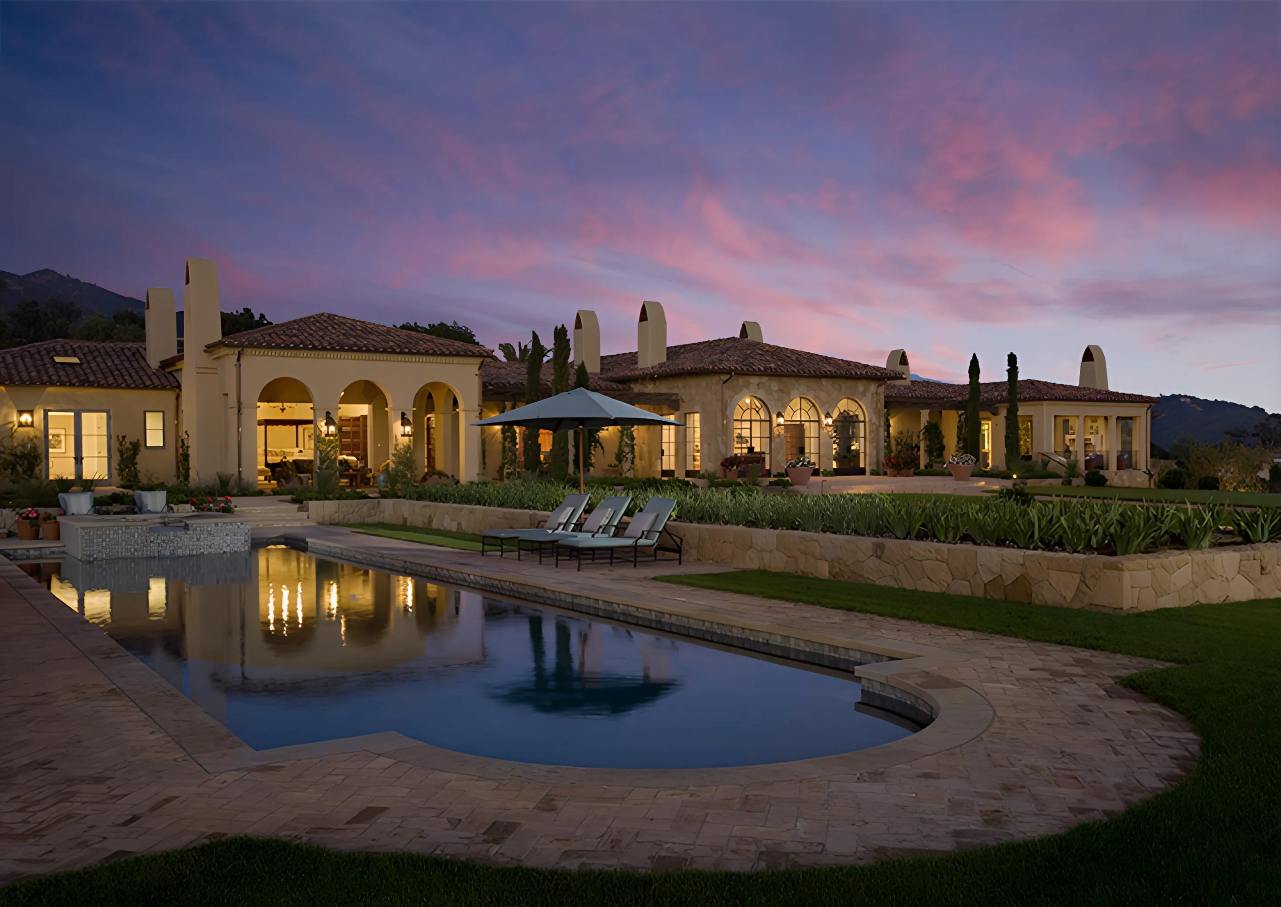 Santa barbara home luxury nighttime with swimming pool cimadelmundo twilight buchanan the builder