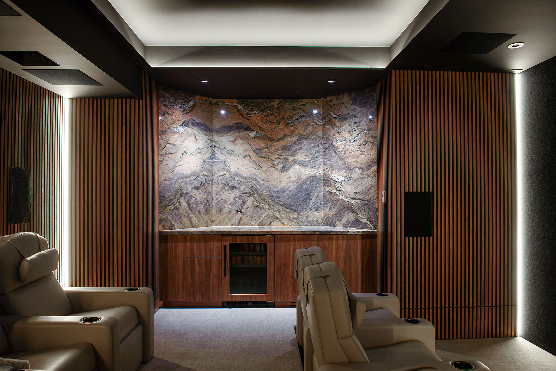Muskoka lakes home theater with inlaid marble and wood slats muskoka lakes home theater with inlaid marble and wood slats blue rocket solutions installs canadas first l acoustics home theatre sound system in the muskokas