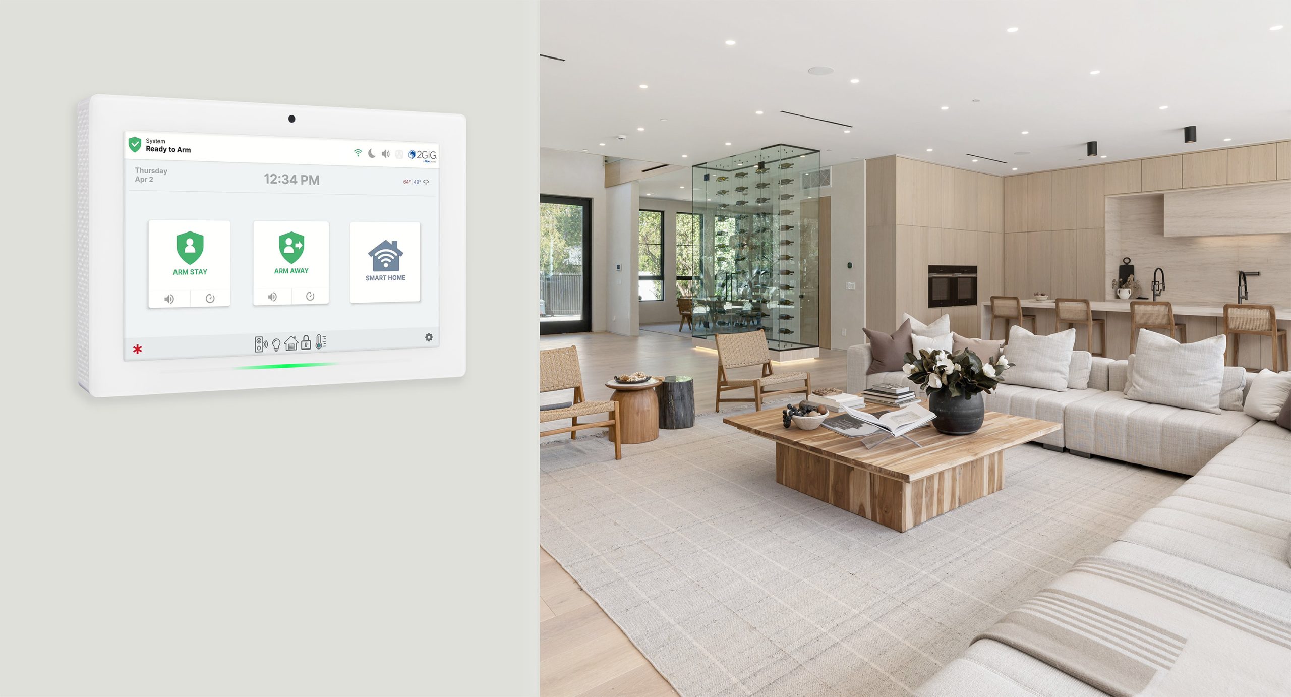 A home security touch panel interface is shown on the left with a modern spacious living room featuring light wood furniture and neutral tones on the right 2026 technology designer magazine performance home award winners