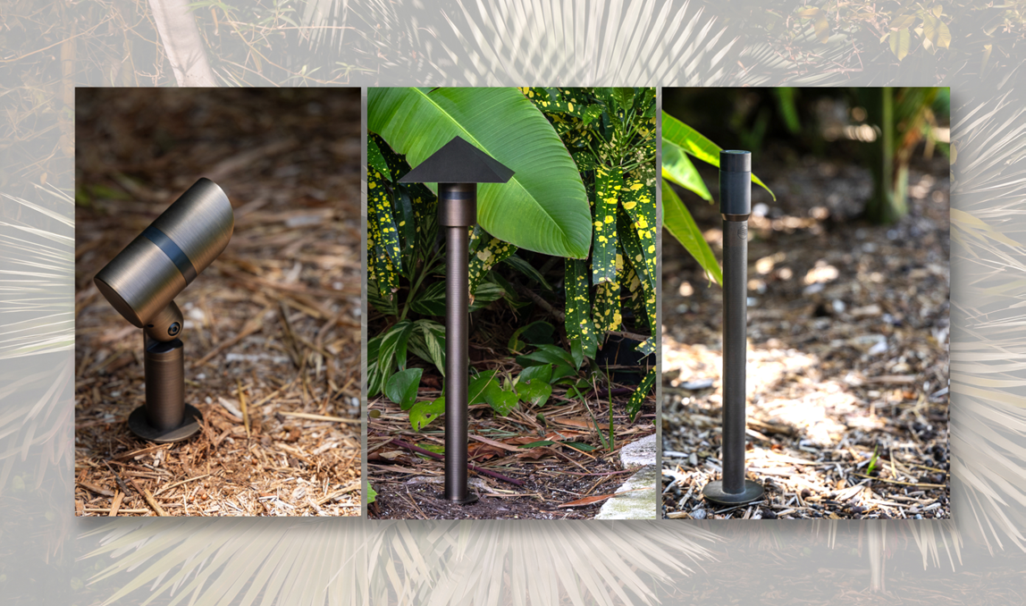 Three outdoor landscape lights a spotlight on the left a path light with a pyramid top in the center and a slim cylindrical light on the right all installed in mulch beds with green plants in the background Three outdoor landscape lights a spotlight on the left a path light with a pyramid top in the center and a slim cylindrical light on the right all installed in mulch beds with green plants in the background 2026 technology designer magazine performance home award winners