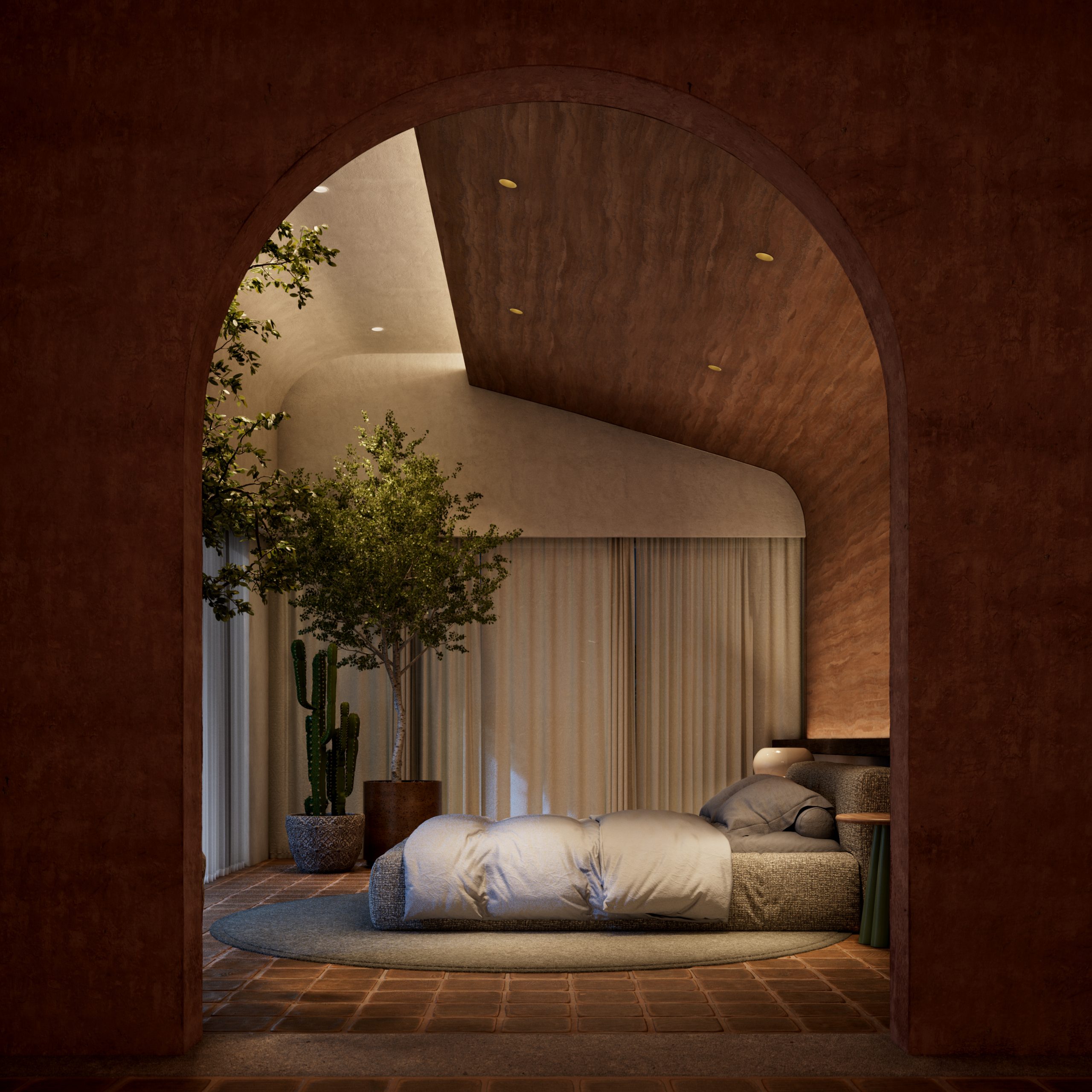 A cozy bedroom with a curved wooden ceiling a large bed potted plants and floor to ceiling curtains viewed through a wide arched doorway Warm soft lighting creates a tranquil atmosphere 2026 technology designer magazine performance home award winners
