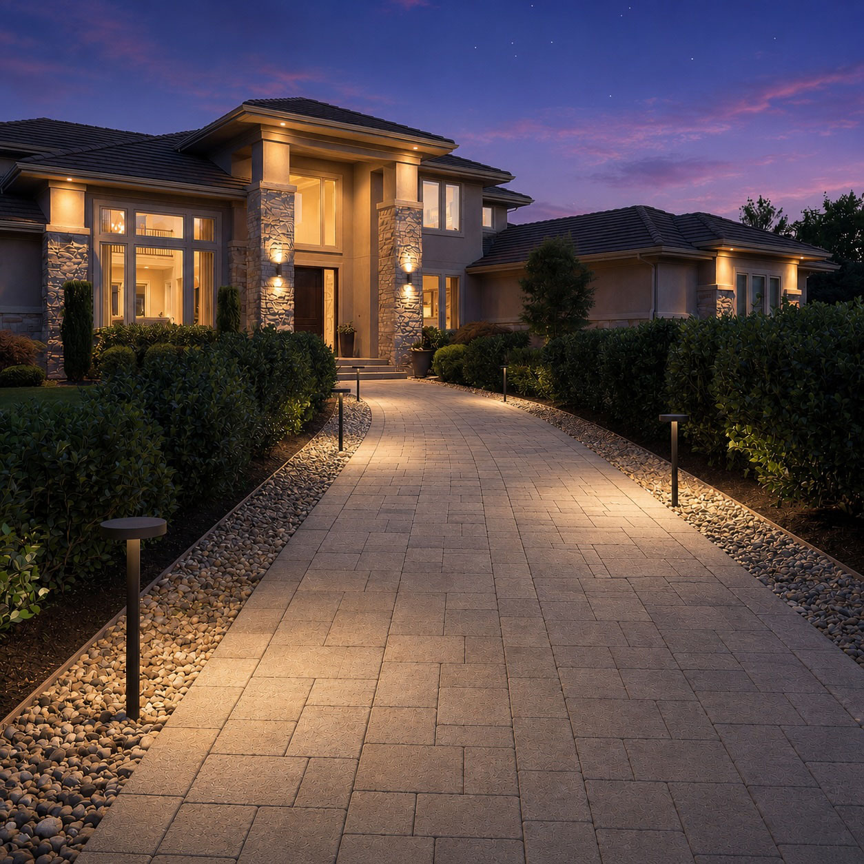 A modern house at dusk with exterior lights illuminating the stone walkway surrounded by bushes and landscaping leading to the entrance A modern house at dusk with exterior lights illuminating the stone walkway surrounded by bushes and landscaping leading to the entrance 2026 technology designer magazine performance home award winners