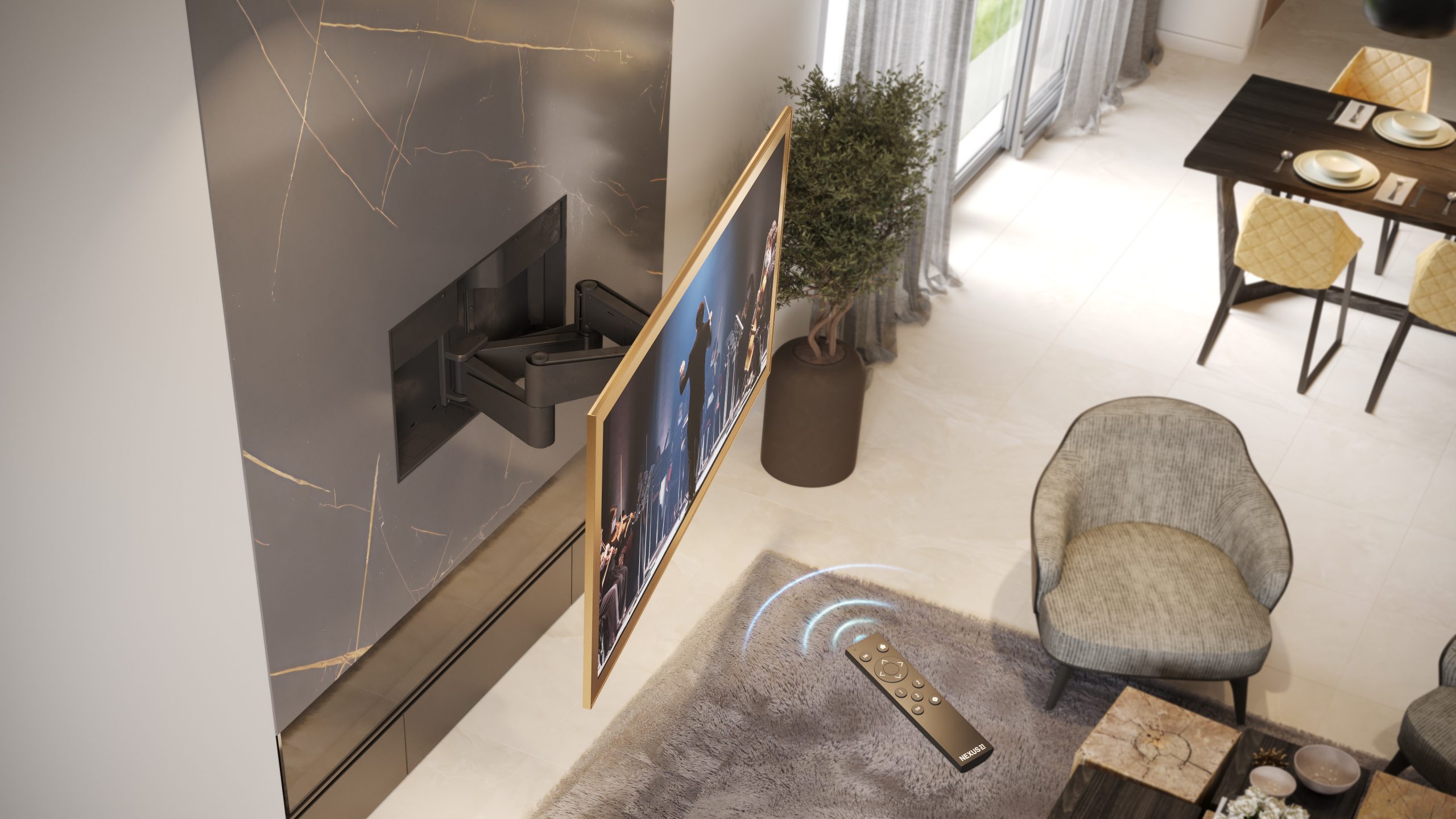A large flatscreen tv on a swivel wall mount is angled outward in a modern living room A tv remote with signal graphics is on a gray rug near a chair and a potted plant Dining table and windows are visible 2026 technology designer magazine performance home award winners