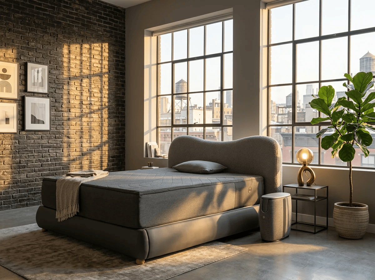 Modern bedroom with a large bed gray bedding a potted plant stylish wall art and city views through tall windows in soft sunlight 2026 technology designer magazine performance home award winners