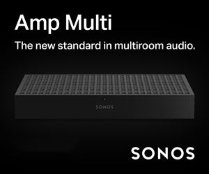 Black Sonos Amp Multi device with the text Amp Multi. The new standard in multiroom audio, powered by the advanced Sonos Amplifier. Features the Sonos logo on a black background.